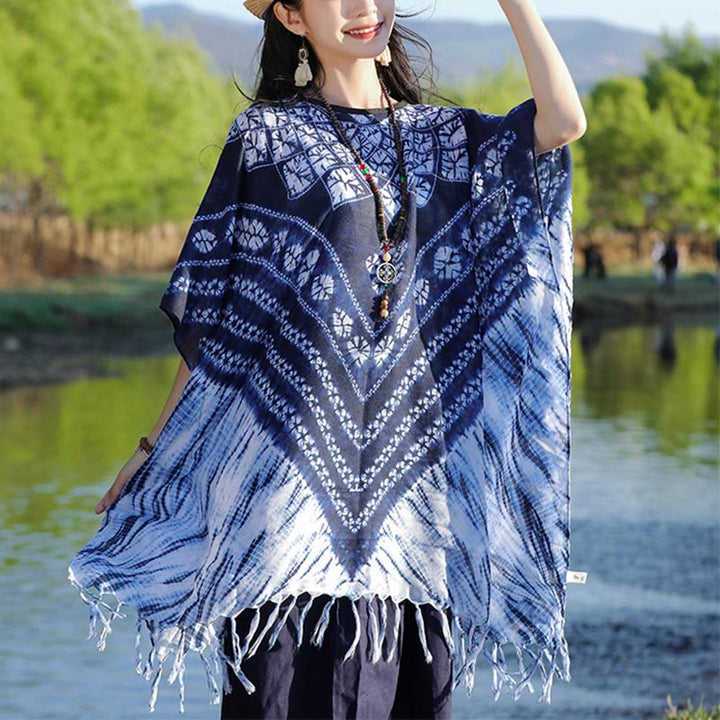 Buddha Stonesブルーストライプ 花柄 藍染め ショール タッセル 着心地良い プルオーバー 90*95cm
