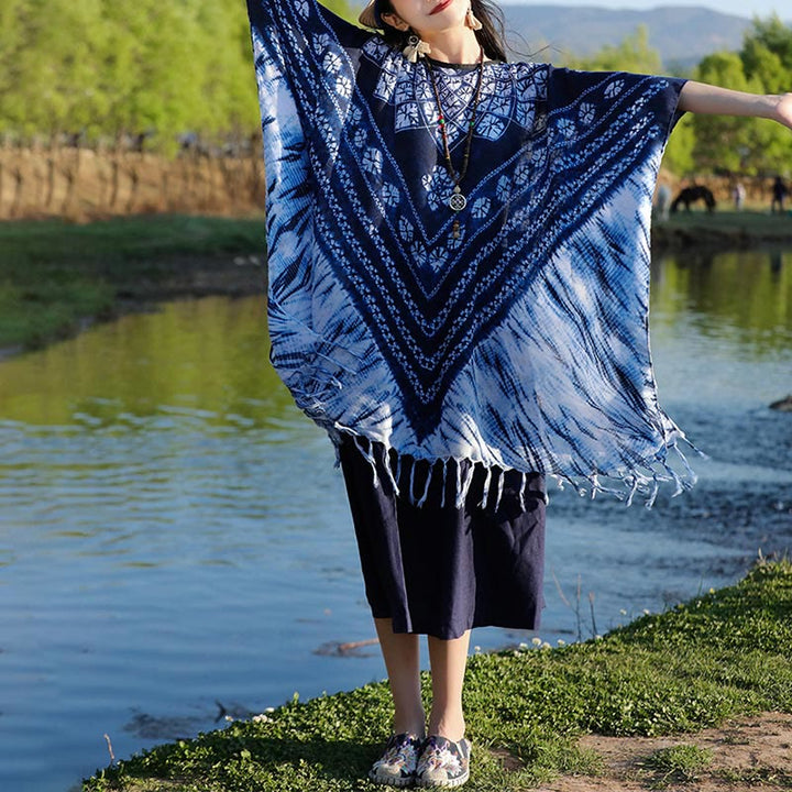 Buddha Stonesブルーストライプ 花柄 藍染め ショール タッセル 着心地良い プルオーバー 90*95cm