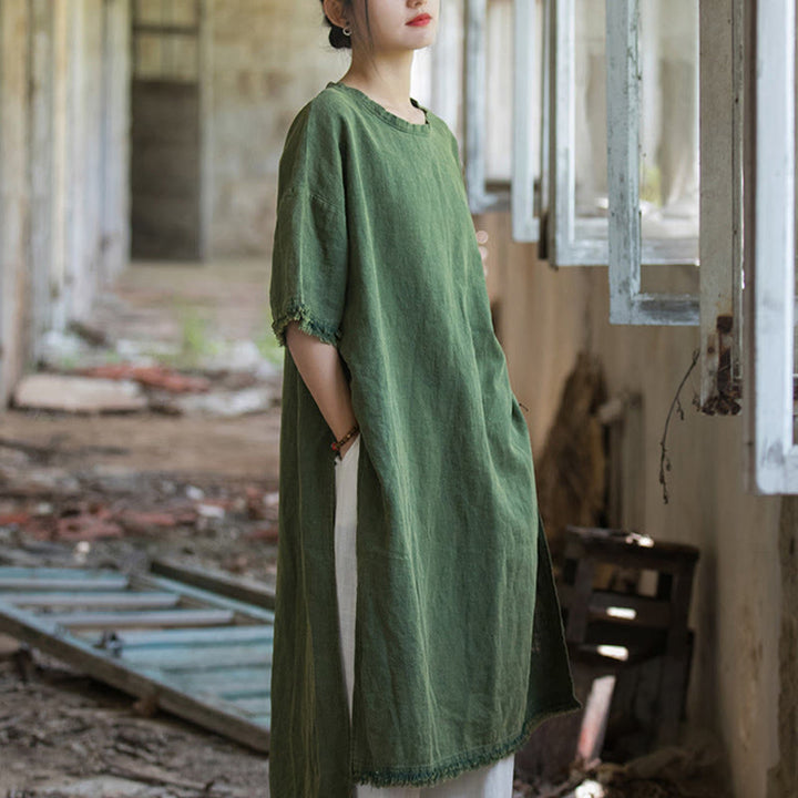 Buddha Stonesミドル丈ドレス ラミーリネン ハーフスリーブ スプリットヘム トップ Tシャツ - image 10