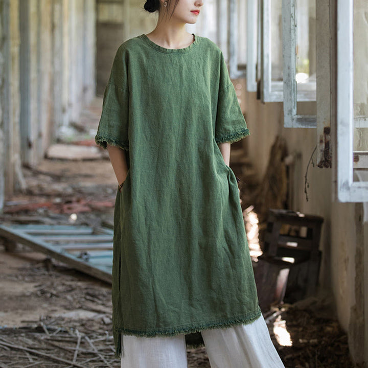 Buddha Stonesミドル丈ドレス ラミーリネン ハーフスリーブ スプリットヘム トップ Tシャツ - グリーン(バスト124cm/肩幅60cm/着丈101-108cm)(ドレスのみ) - image 0