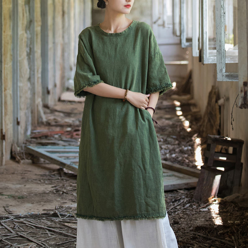 Buddha Stonesミドル丈ドレス ラミーリネン ハーフスリーブ スプリットヘム トップ Tシャツ - image 9
