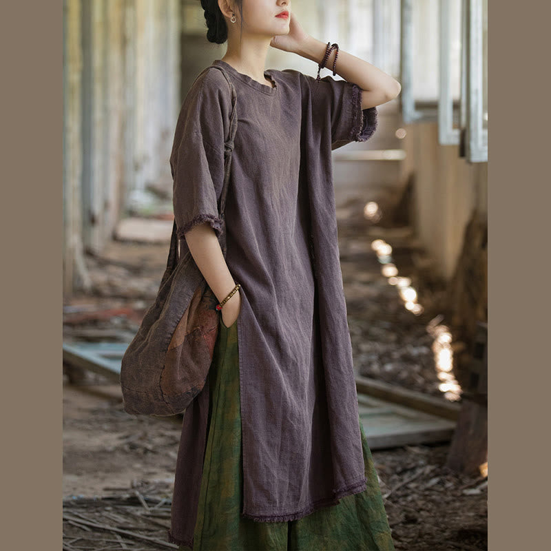 Buddha Stonesミドル丈ドレス ラミーリネン ハーフスリーブ スプリットヘム トップ Tシャツ - image 28