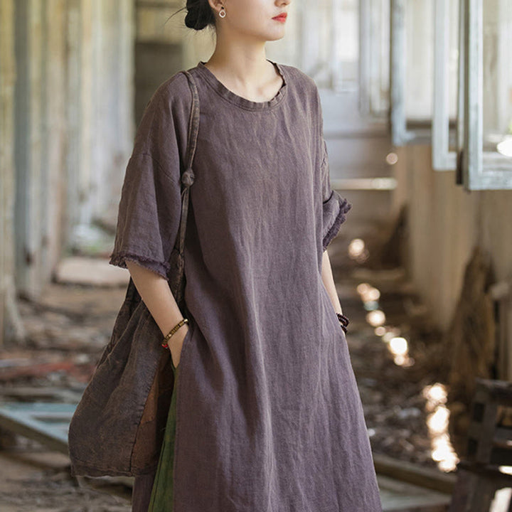 Buddha Stonesミドル丈ドレス ラミーリネン ハーフスリーブ スプリットヘム トップ Tシャツ - image 26