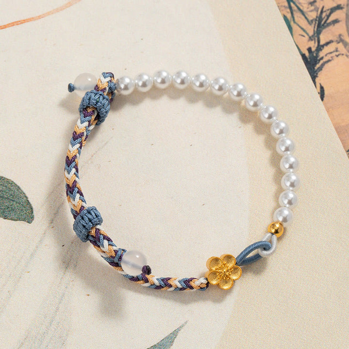 Buddha Stones925スターリングシルバー ピーチブロッサムパール カルセドニー ヒーリングロープブレスレット