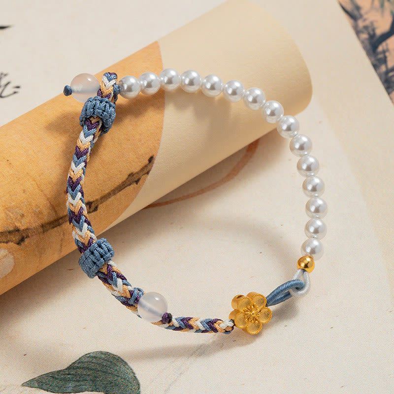 Buddha Stones925スターリングシルバー ピーチブロッサムパール カルセドニー ヒーリングロープブレスレット