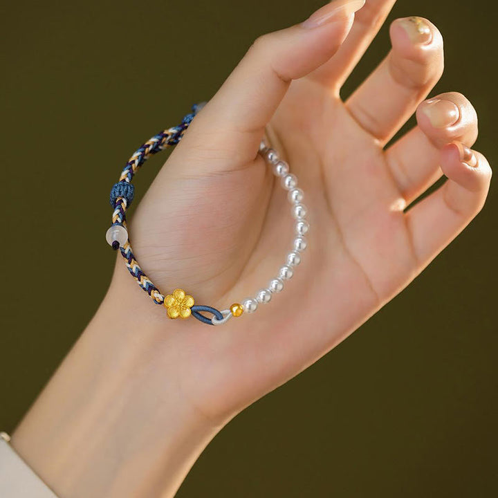 Buddha Stones925スターリングシルバー ピーチブロッサムパール カルセドニー ヒーリングロープブレスレット