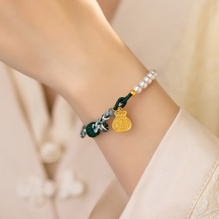 Buddha Stones925 スターリングシルバー 福文字 福袋 パール 和田翡翠 知恵ロープブレスレット