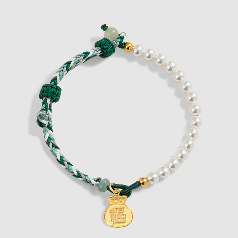 Buddha Stones925 スターリングシルバー 福文字 福袋 パール 和田翡翠 知恵ロープブレスレット