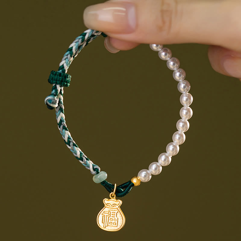 Buddha Stones925 スターリングシルバー 福文字 福袋 パール 和田翡翠 知恵ロープブレスレット