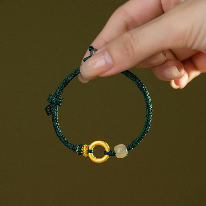 Buddha Stones 999スターリングシルバー ピースバックル 和田翡翠ビーズ 幸運 グリーンロープ編みブレスレット