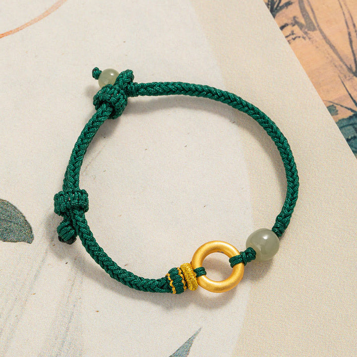 Buddha Stones 999スターリングシルバー ピースバックル 和田翡翠ビーズ 幸運 グリーンロープ編みブレスレット