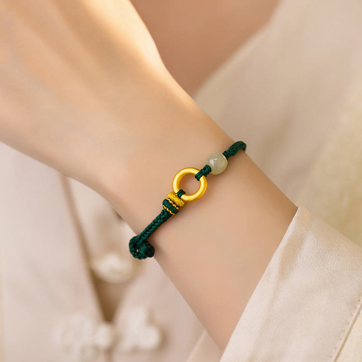 Buddha Stones 999スターリングシルバー ピースバックル 和田翡翠ビーズ 幸運 グリーンロープ編みブレスレット
