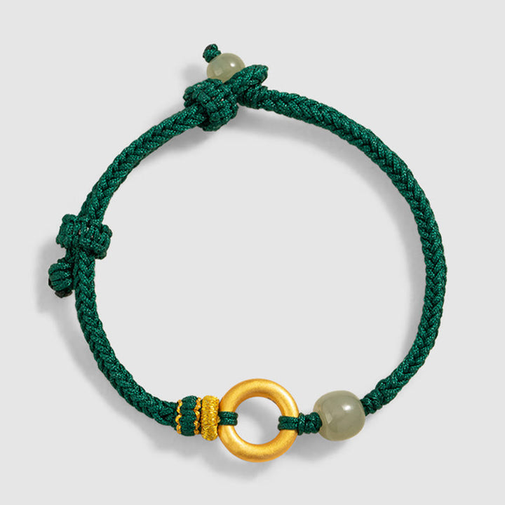 Buddha Stones 999スターリングシルバー ピースバックル 和田翡翠ビーズ 幸運 グリーンロープ編みブレスレット