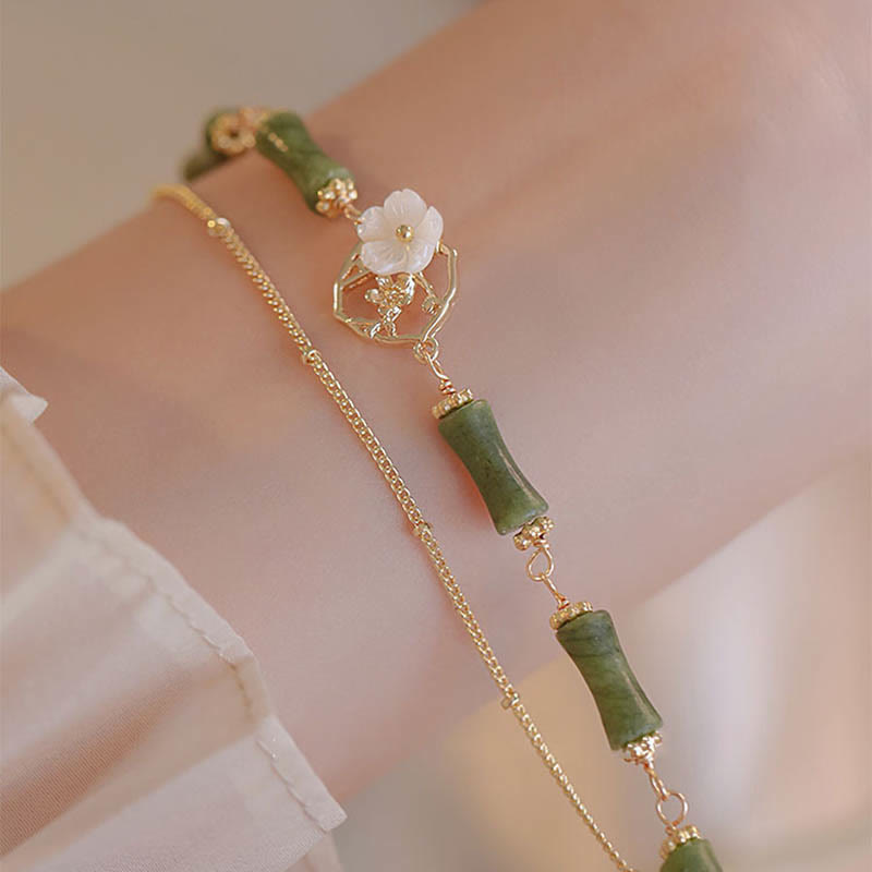 Buddha Stones14K 金メッキ 銅 ペリドット 竹の花 富の二重層ブレスレット