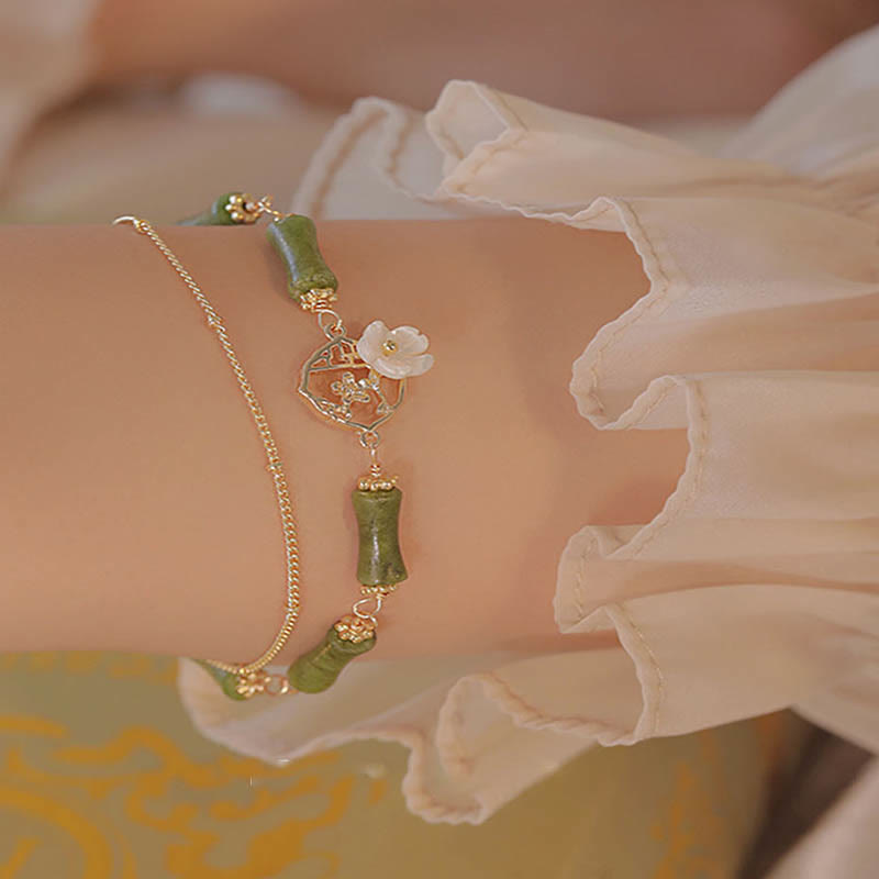 Buddha Stones14K 金メッキ 銅 ペリドット 竹の花 富の二重層ブレスレット