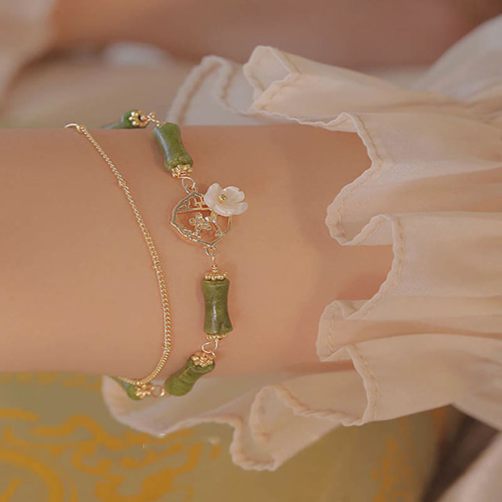 Buddha Stones14K 金メッキ 銅 ペリドット 竹の花 富の二重層ブレスレット