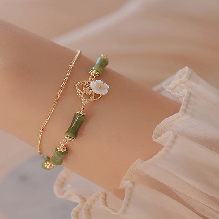 Buddha Stones14K 金メッキ 銅 ペリドット 竹の花 富の二重層ブレスレット