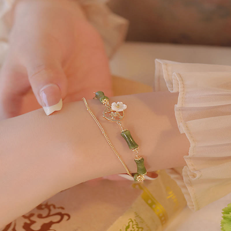 Buddha Stones14K 金メッキ 銅 ペリドット 竹の花 富の二重層ブレスレット