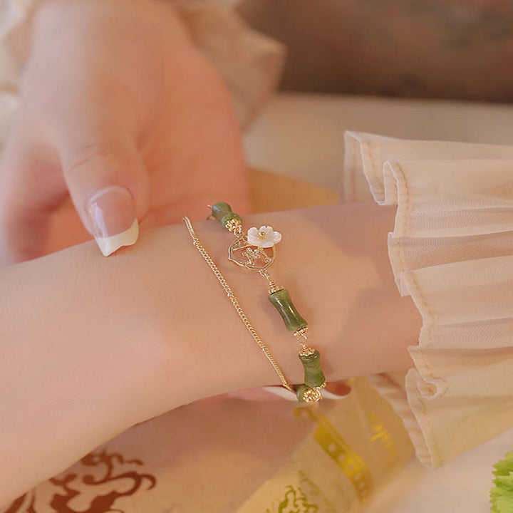 Buddha Stones14K 金メッキ 銅 ペリドット 竹の花 富の二重層ブレスレット