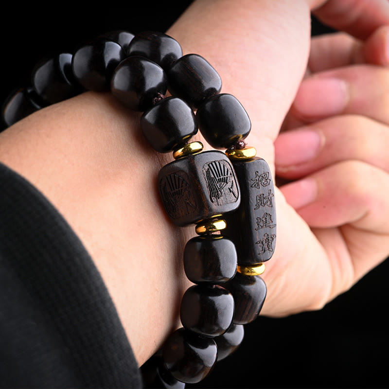 Buddha Stonesチベット黒檀バレルビーズ幸運と宝物バランスブレスレット