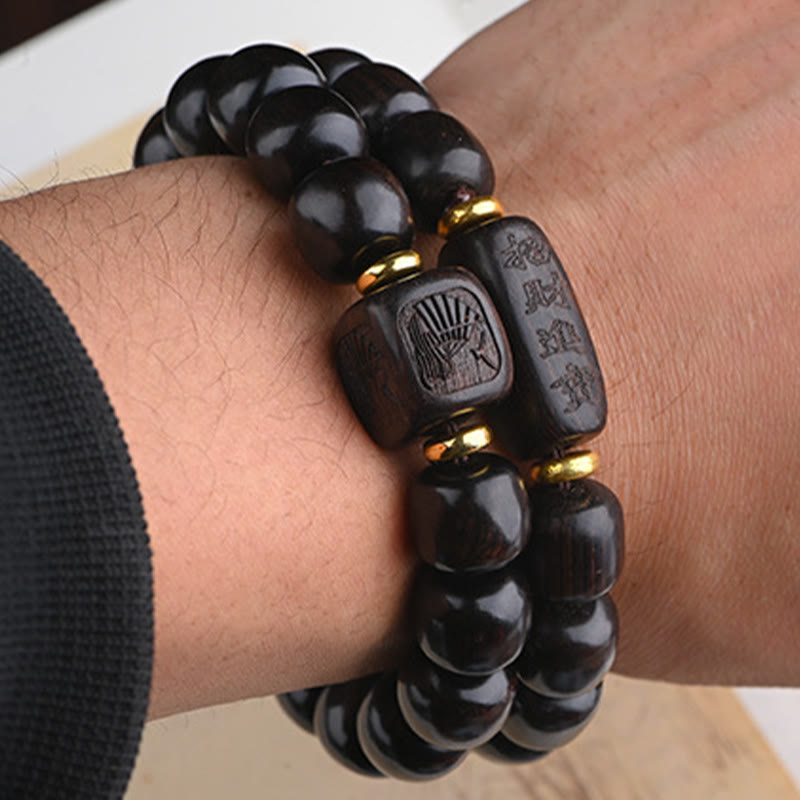 Buddha Stonesチベット黒檀バレルビーズ幸運と宝物バランスブレスレット
