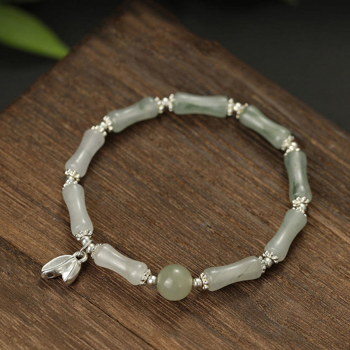 Buddha Stones 925スターリングシルバー 天然天山翡翠 竹チャーム 幸運ブレスレット