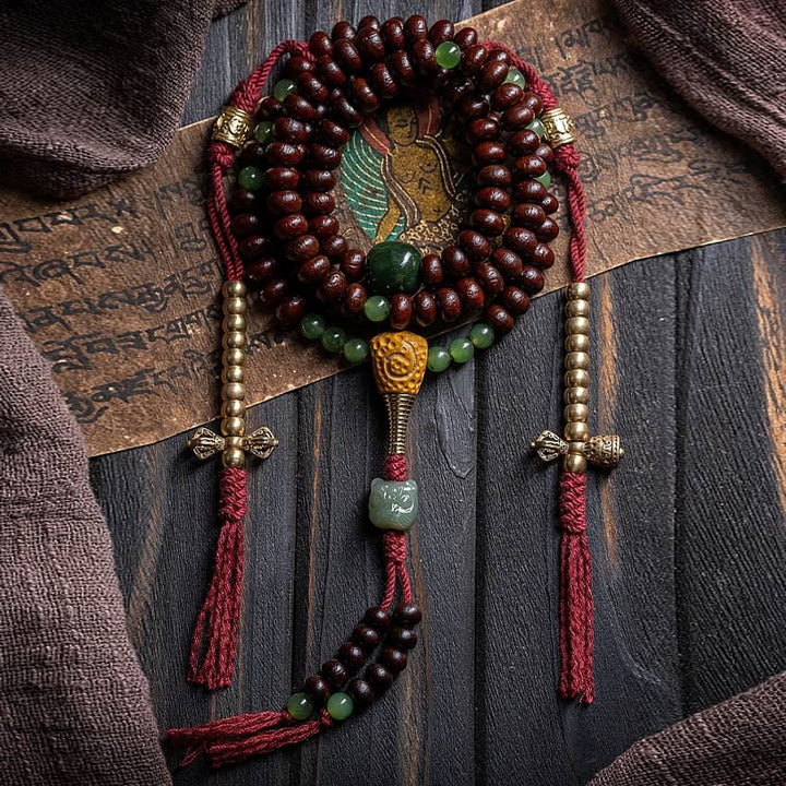 Buddha Stones天然チベット 108 個入りMalaビーズ 紫菩提樹 和田翡翠 銅製 ドルジェ 平和ブレスレット