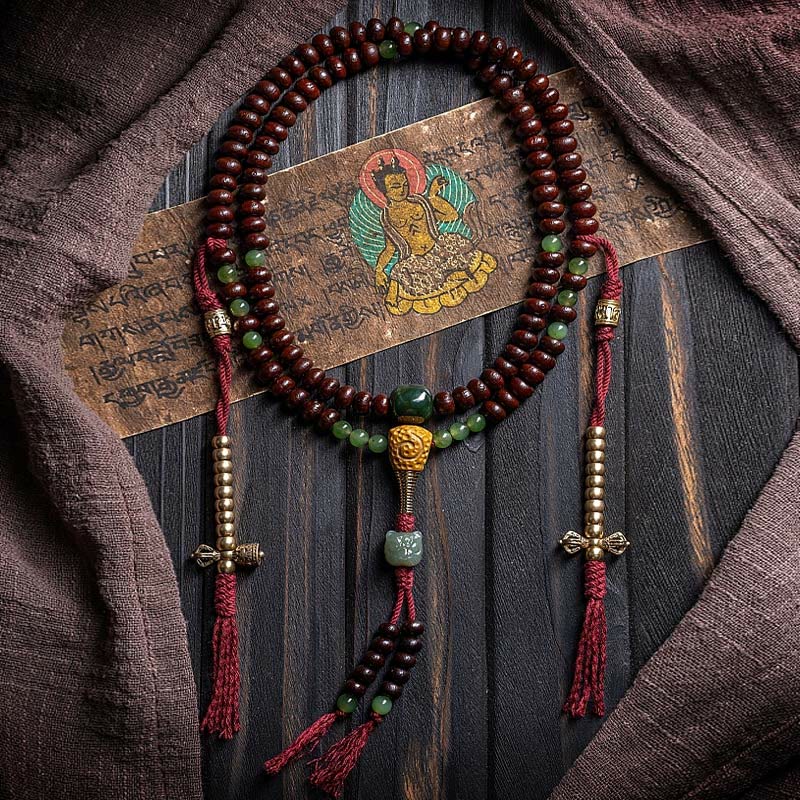 Buddha Stones天然チベット 108 個入りMalaビーズ 紫菩提樹 和田翡翠 銅製 ドルジェ 平和ブレスレット