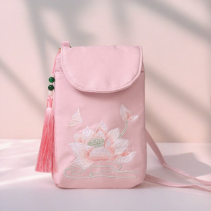 Buddha Stonesの小さな刺繍の花のクロスボディバッグ、ショルダーバッグ、二重層携帯電話バッグ