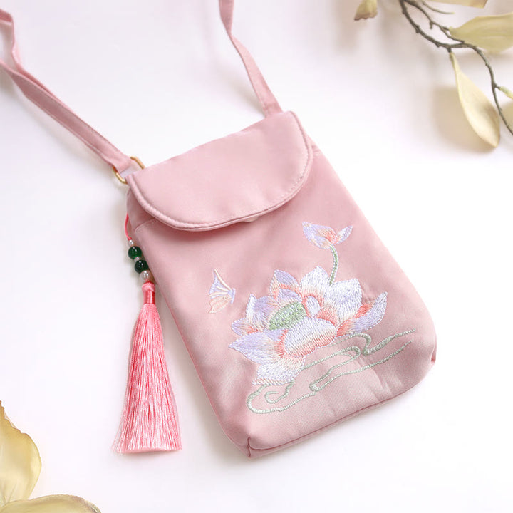 Buddha Stonesの小さな刺繍の花のクロスボディバッグ、ショルダーバッグ、二重層携帯電話バッグ
