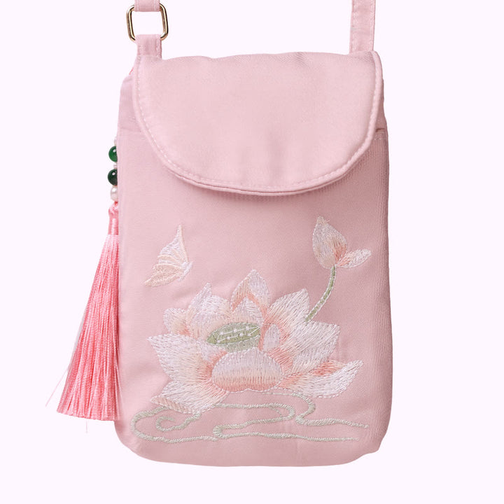 Buddha Stonesの小さな刺繍の花のクロスボディバッグ、ショルダーバッグ、二重層携帯電話バッグ