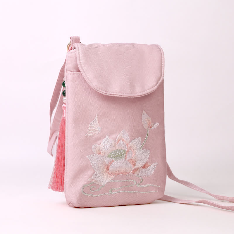 Buddha Stonesの小さな刺繍の花のクロスボディバッグ、ショルダーバッグ、二重層携帯電話バッグ