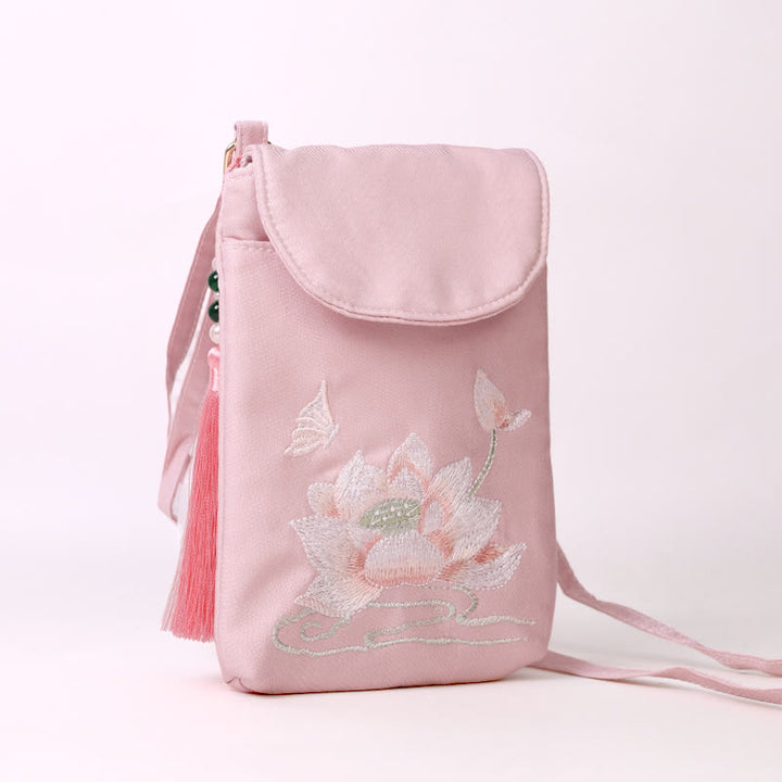 Buddha Stonesの小さな刺繍の花のクロスボディバッグ、ショルダーバッグ、二重層携帯電話バッグ