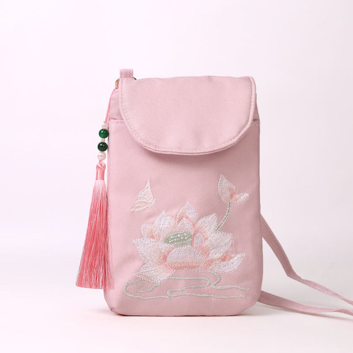 Buddha Stonesの小さな刺繍の花のクロスボディバッグ、ショルダーバッグ、二重層携帯電話バッグ