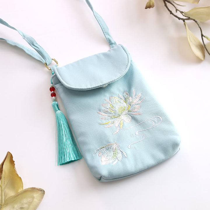 Buddha Stonesの小さな刺繍の花のクロスボディバッグ、ショルダーバッグ、二重層携帯電話バッグ