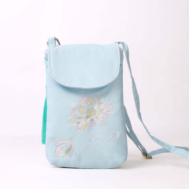 Buddha Stonesの小さな刺繍の花のクロスボディバッグ、ショルダーバッグ、二重層携帯電話バッグ