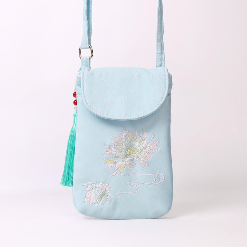 Buddha Stonesの小さな刺繍の花のクロスボディバッグ、ショルダーバッグ、二重層携帯電話バッグ