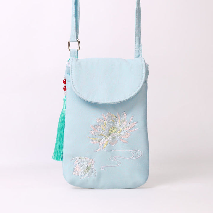 Buddha Stonesの小さな刺繍の花のクロスボディバッグ、ショルダーバッグ、二重層携帯電話バッグ