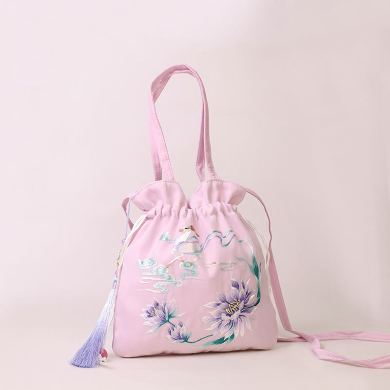 Buddha Stones蘇州刺繍蓮鹿花牡丹うさぎコットンリネントートバッグショルダーバッグハンドバッグ - ライトパープルロータスフェアリーディア 21×22cm - image 7