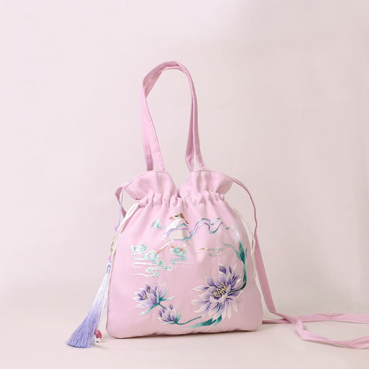 Buddha Stones蘇州刺繍蓮鹿花牡丹うさぎコットンリネントートバッグショルダーバッグハンドバッグ - ライトパープルロータスフェアリーディア 21×22cm - image 7