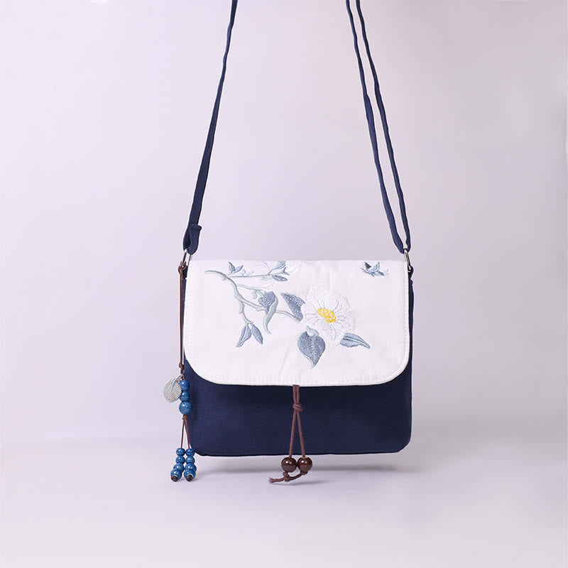 Buddha Stones刺繍の椿の花、クチナシ、桜の花、クロスボディバッグ、ショルダーバッグ、携帯バッグ