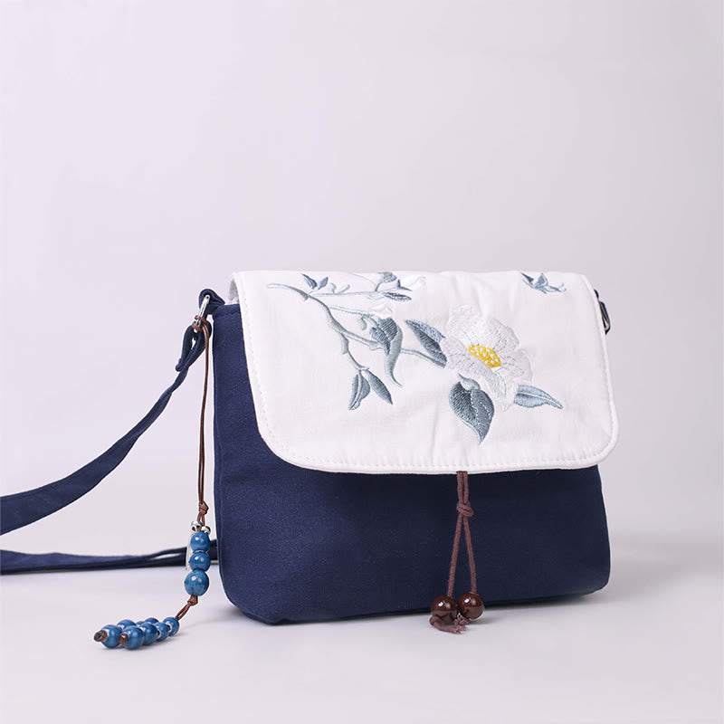 Buddha Stones刺繍の椿の花、クチナシ、桜の花、クロスボディバッグ、ショルダーバッグ、携帯バッグ