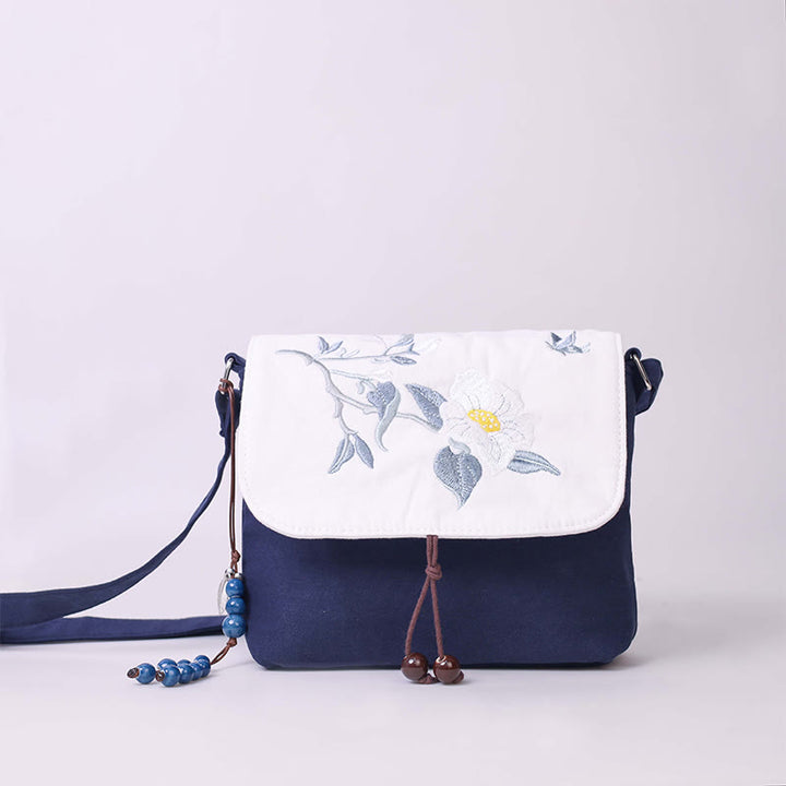 Buddha Stones刺繍の椿の花、クチナシ、桜の花、クロスボディバッグ、ショルダーバッグ、携帯バッグ