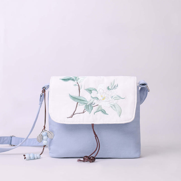 Buddha Stones刺繍の椿の花、クチナシ、桜の花、クロスボディバッグ、ショルダーバッグ、携帯バッグ