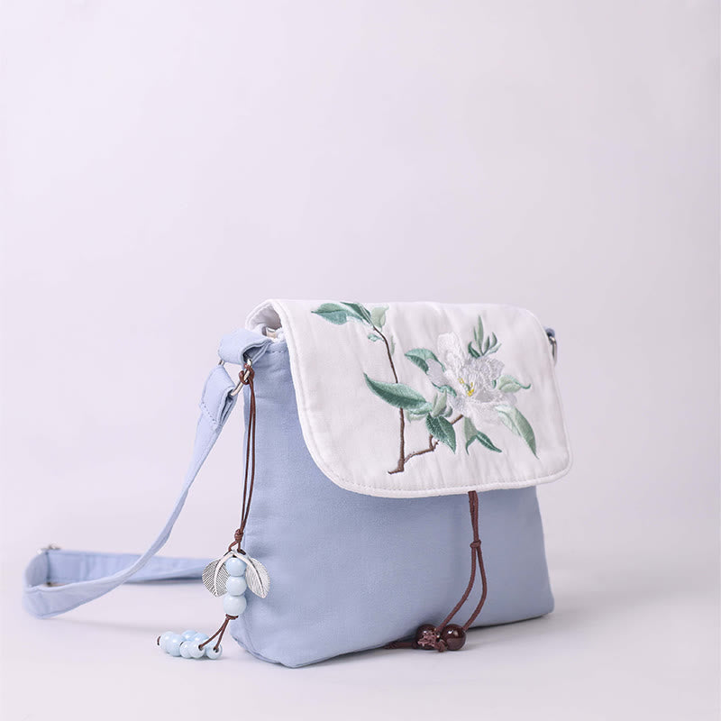 Buddha Stones刺繍の椿の花、クチナシ、桜の花、クロスボディバッグ、ショルダーバッグ、携帯バッグ