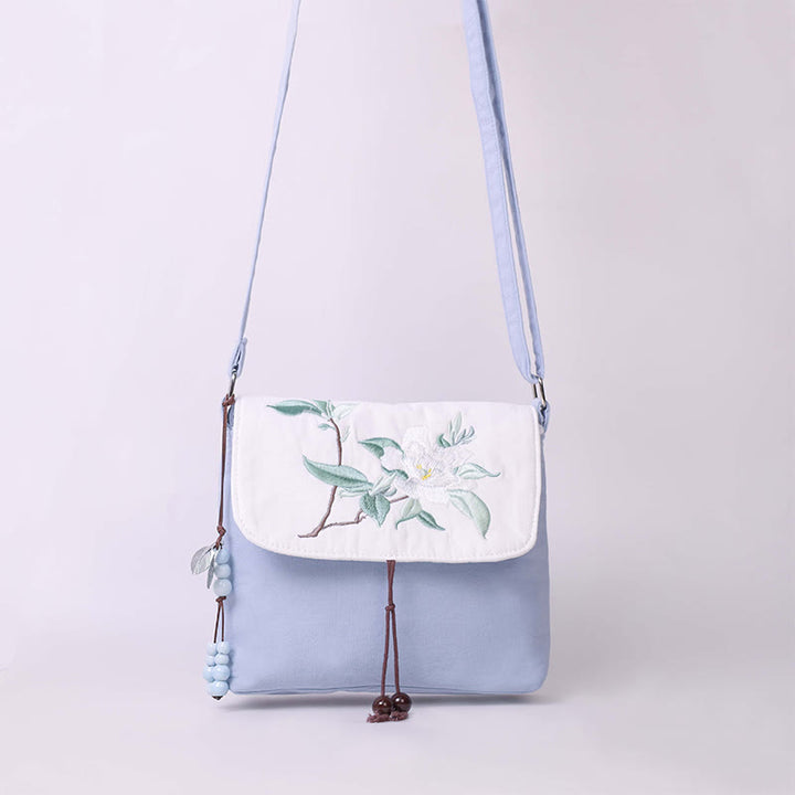 Buddha Stones刺繍の椿の花、クチナシ、桜の花、クロスボディバッグ、ショルダーバッグ、携帯バッグ
