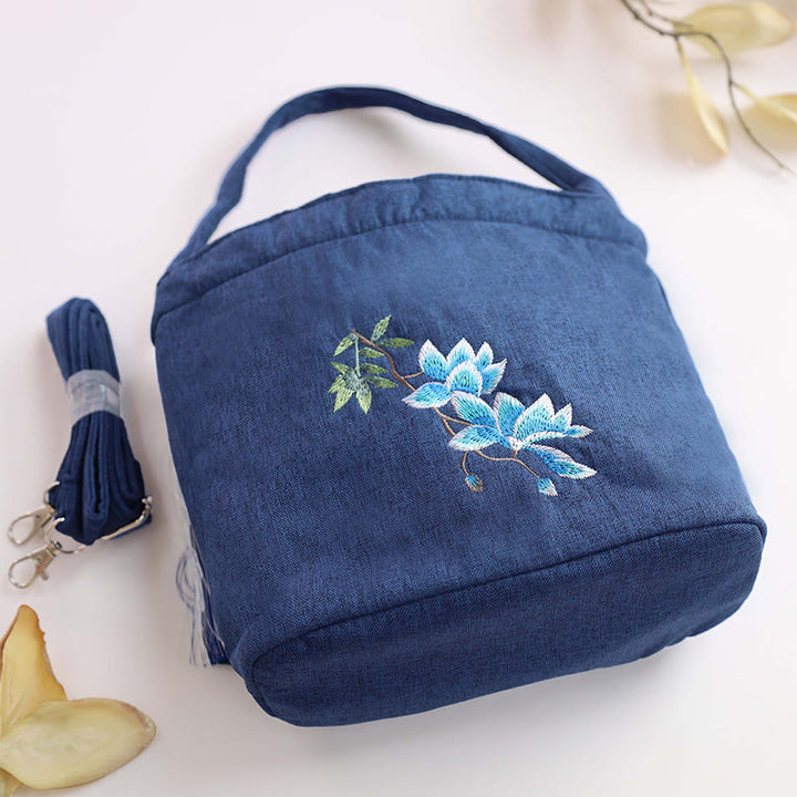 Buddha Stones刺繍藤梅蓮桜コットンリネンキャンバストートクロスボディバッグショルダーバッグハンドバッグ