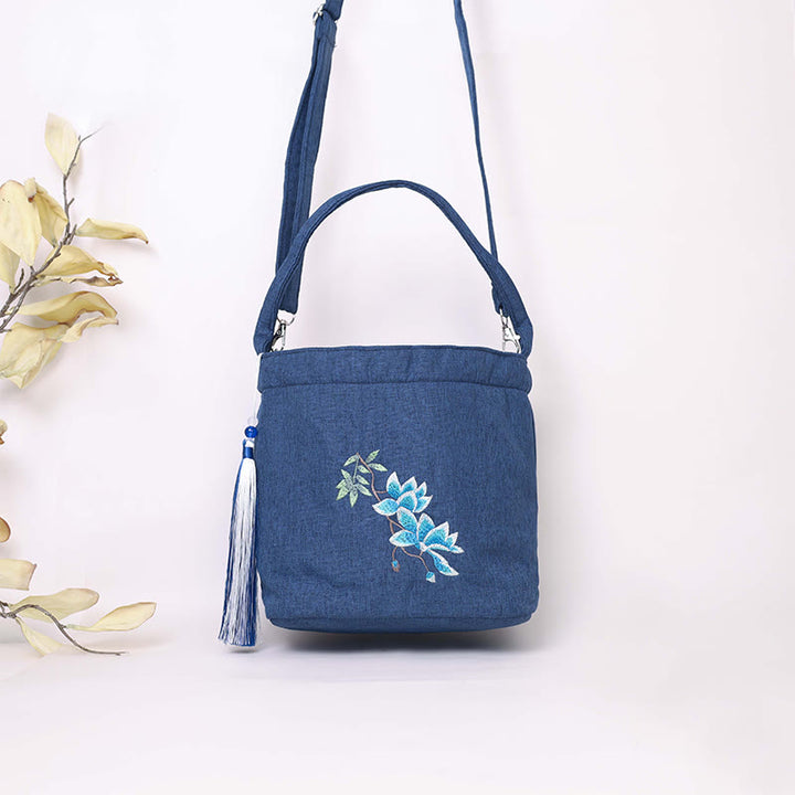 Buddha Stones刺繍藤梅蓮桜コットンリネンキャンバストートクロスボディバッグショルダーバッグハンドバッグ