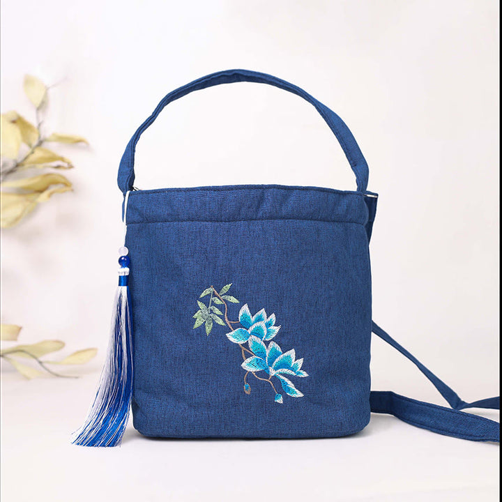 Buddha Stones刺繍藤梅蓮桜コットンリネンキャンバストートクロスボディバッグショルダーバッグハンドバッグ