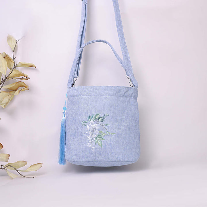 Buddha Stones刺繍藤梅蓮桜コットンリネンキャンバストートクロスボディバッグショルダーバッグハンドバッグ